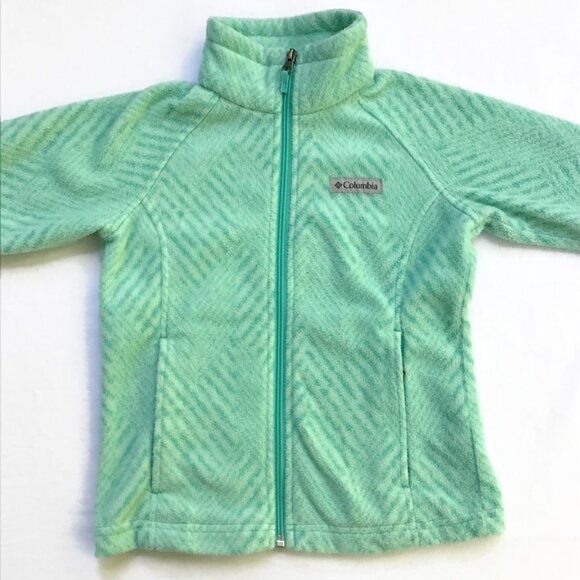 Columbia Full Zip Fleece Jacket Girls S Small 7/8 Aqua Teal Green Zig Zag Stripe - Picture 2 of 11